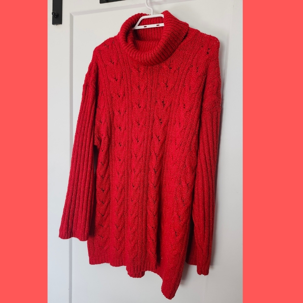 Vintage Chunky Cable Knit Turtleneck Sweater | Oversized, Red
